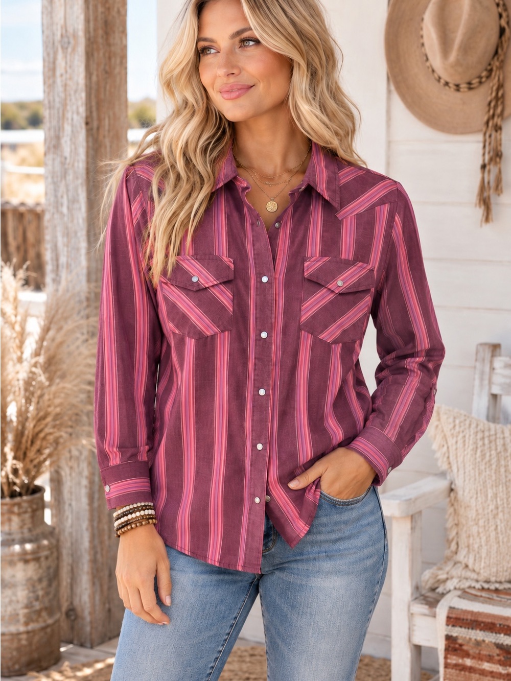 Wrangler Coastal Cowgirl Striped Button-Front Shirt in Plum and Pink